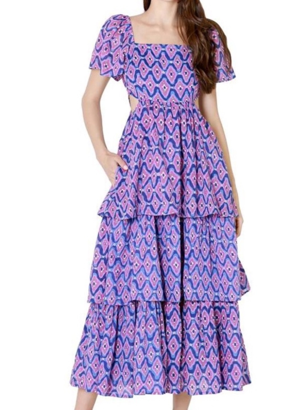 Banjanan Dress Purple Bonnie Maxi Floral Layered Cutout Fit Flare Boho Small
